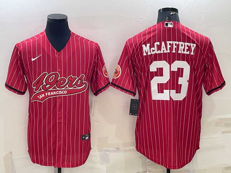Men%27s San Francisco 49ers #23 Christian McCaffrey Red Pinstripe With Patch Cool Base Stitched Baseball Jersey